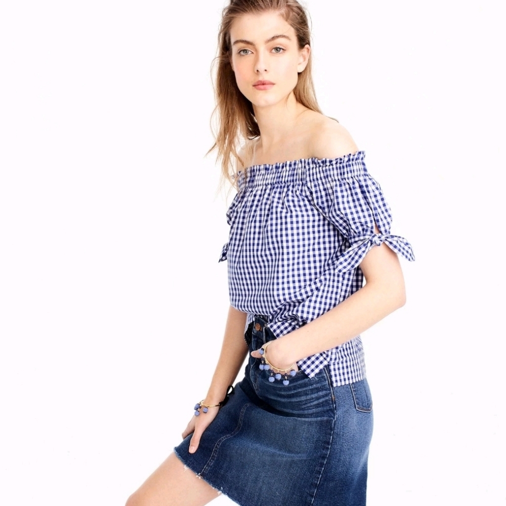 J.Crew Off the Shoulder Top in Gingham Blue Sapphire White Cotton Tie Knots